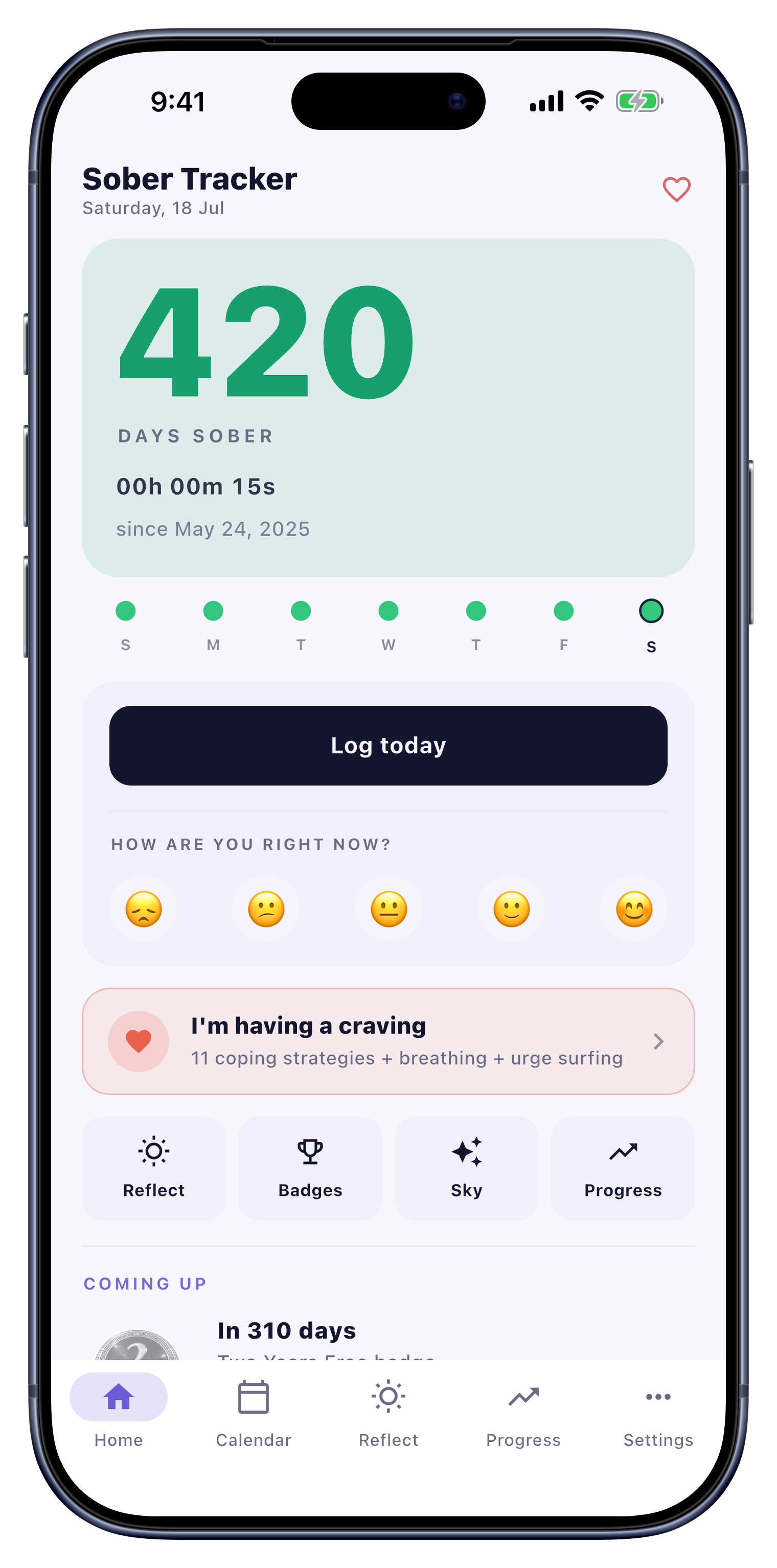 Home screen showing sober day counter and daily check-in